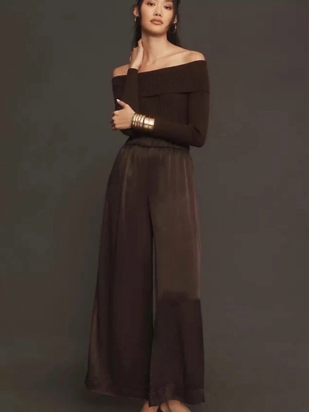 Anthropologie Off-Shoulder Jumpsuit in Dark Brown